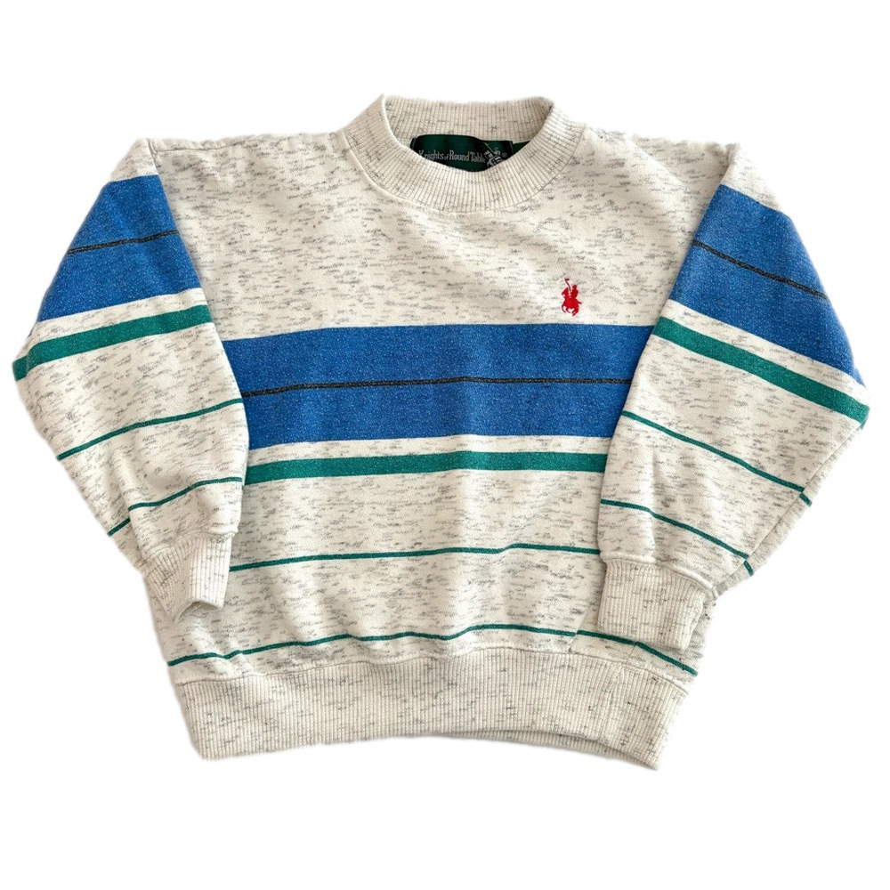 Vintage Kids Sweatshirt Cream Blue Teal with Red Pony